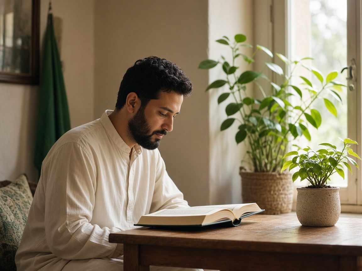A man reading the Qur'an quietly at home by window light