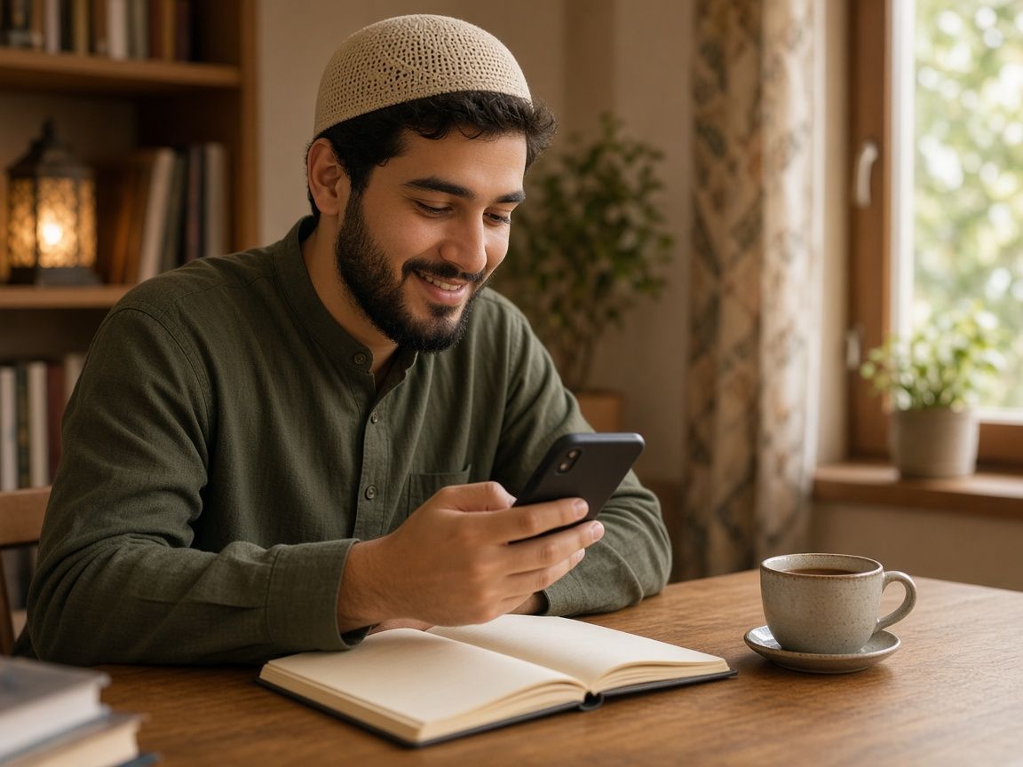 A Muslim man smiling at his smartphone at a study desk with an open notebook, preparing for Ramadan