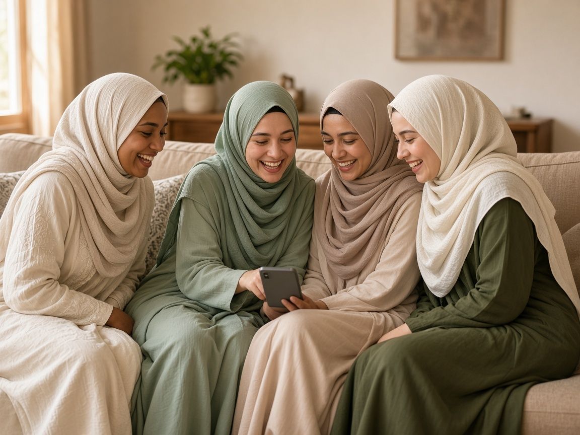 Four Muslim women in hijabs smiling together at home while looking at a smartphone